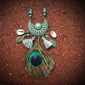 Boho Feathers, Shells and Tassels necklace